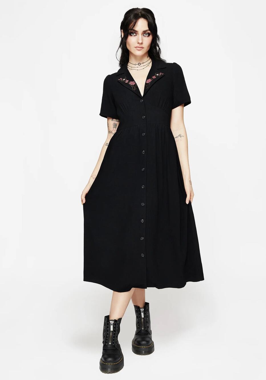 Disturbia Aster Embroidered Collar Midi Shirt Dress - Size US 10
